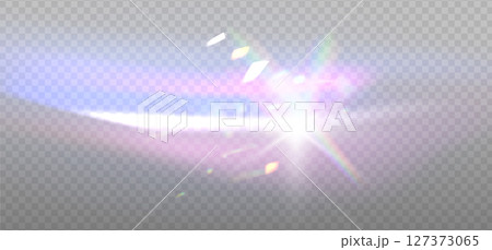 Prism light dispersion overlay with rainbow blue light effect, transparent flares of crystal diamond. Prism light glares or lens flare spectrum of gem glass refraction or sun light sparkle. Vector 127373065