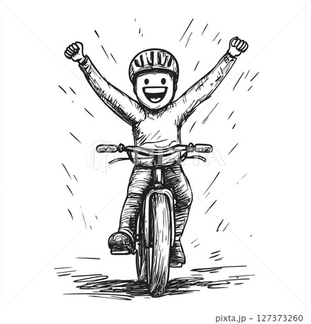 A joyful stick figure wearing a red helmet and shirt, with a big smile and arms outstretched, riding a sketched bicycle. 127373260