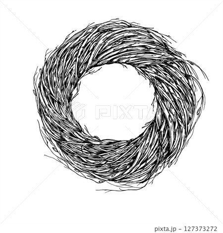 Monochrome vector wreath of dried birch branches in Scandinavian style. Natural rustic element for Nordic Christmas decor, holiday packaging, and rustic winter wedding invitation Monochrome vector wreath of dried birch branches in Scandinavian style. Natural rustic element for Nordic Christmas decor, holiday packaging, and rustic winter wedding invitation 127373272