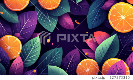 An illustration featuring colorful orange slices and exotic leaves arranged around a dark central space. 127373310