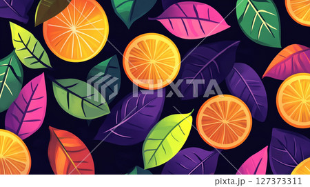 An illustration featuring colorful orange slices and exotic leaves arranged around a dark central space. 127373311