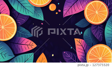 An illustration featuring colorful orange slices and exotic leaves arranged around a dark central space. 127373320