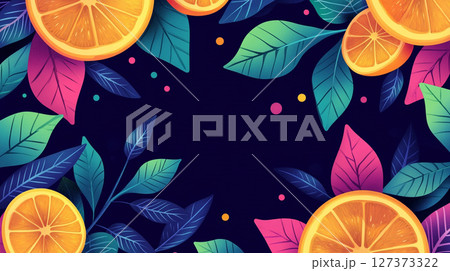 An illustration featuring colorful orange slices and exotic leaves arranged around a dark central space. 127373322