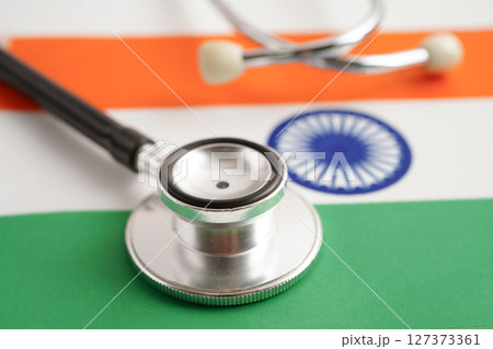 Stethoscope on India national flag. Stethoscope on India national flag. 127373361