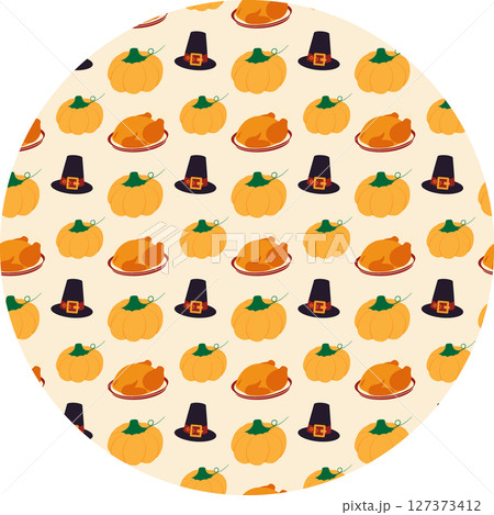 Hand drawn Fried Turkey on plate Orange Pumpkin and Pilgrim Hat Seamless Pattern on Circle Backdrop 127373412