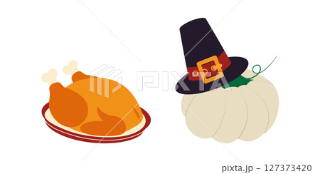 Freehand Fried Turkey on plate and Pilgrim Hat on White Pumpkin Isolated Thanksgiving Design element 127373420