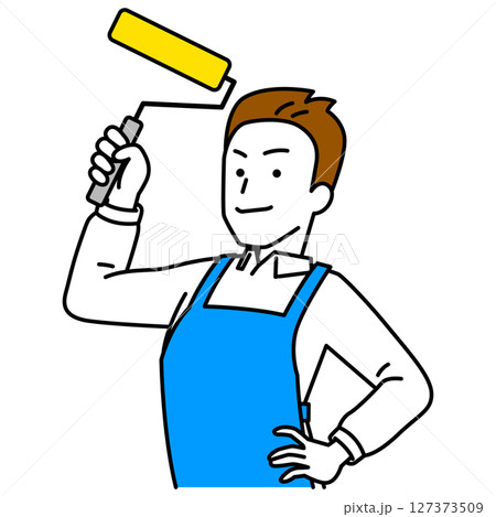 ペイントローラーを構えるエプロン姿の男性 127373509