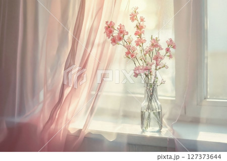 Soft Pastel Cherry Blossoms in Vase with Sunlit Curtain for Shabby Chic Aesthetic 127373644