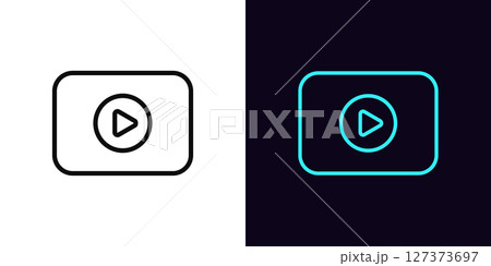 Outline video player icon, with editable stroke. Media screen with play button, video content icon. Multimedia display, media player, online movie channel, game replay, video stream. Vector icon 127373697
