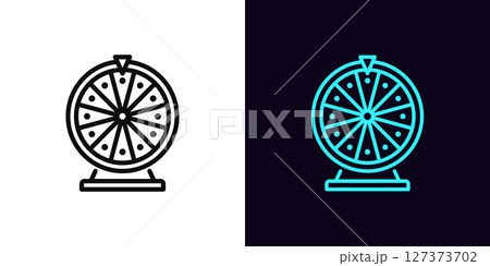 Outline fortune wheel icon, with editable stroke. Lucky spin icon, roulette game. Lucky wheel, lottery game, casino roulette spin, fortune chance bet, win prize reward, free spin bonus. Vector icon Outline fortune wheel icon, with editable stroke. Lucky spin icon, roulette game. Lucky wheel, lottery game, casino roulette spin, fortune chance bet, win prize reward, free spin bonus. Vector icon 127373702