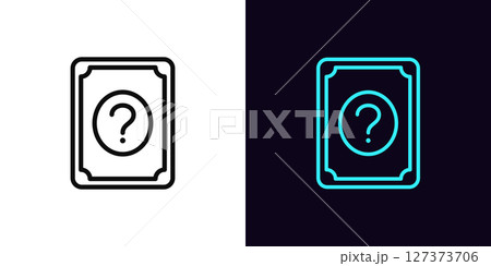 Outline quiz card icon, with editable stroke. Play card with question mark, guessing game icon. Quiz time, trivia game show, tarot card, guess answer, questionnaire, quiz competition. Vector icon 127373706