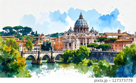 Vatican, Watercolor illustration of St. Peter Basilica in Vatican City with soft colors, Captures the grandeur and peace of the historic Christian landmark 127373779