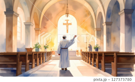 Watercolor interior of a bright cathedral with stained glass windows and wooden pews. Sunlight pours in, creating a serene and sacred atmosphere, church interior 127373780