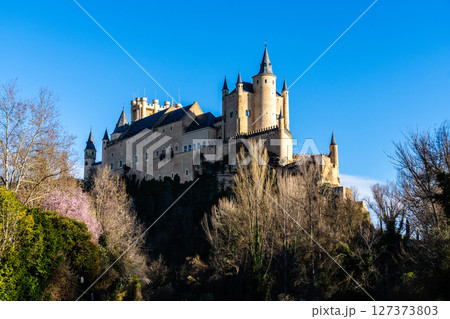 Alcazar of Segovia stands majestically under a clear blue sky. Alcazar of Segovia stands majestically under a clear blue sky. 127373803