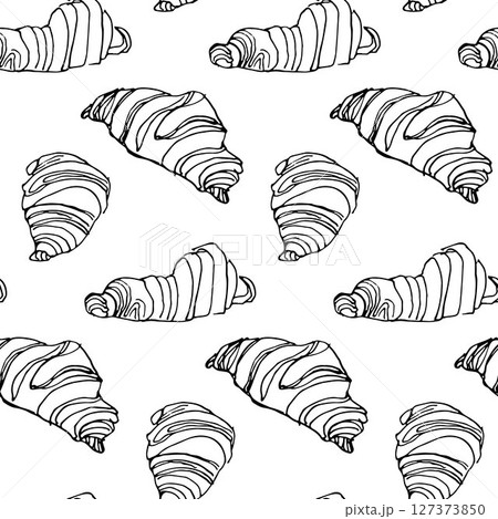 Seamless black white pattern, outline images of croissants, pastries in handdrawn illustration style 127373850
