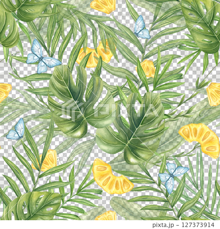 Pineapple slices, monstera leaves, palm fronds, and fluttering blue butterflies watercolor isolated seamless pattern. Tropical summer illustration for summer collections, packaging designs. 127373914