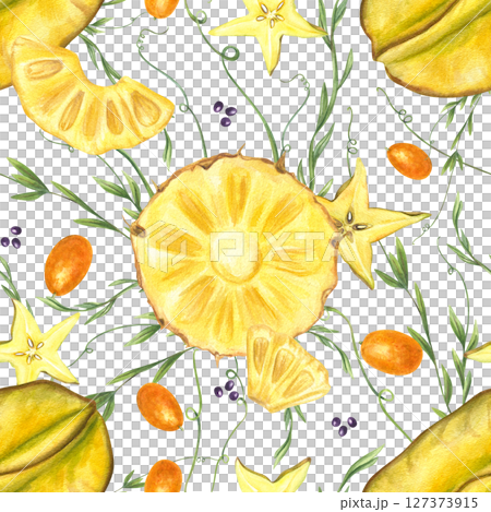 Pineapple slices, kumquats, starfruit, and tropical vines seamless watercolor pattern. Bright summer juicy ornate isolated background. For healthy food branding, exotic packaging 127373915