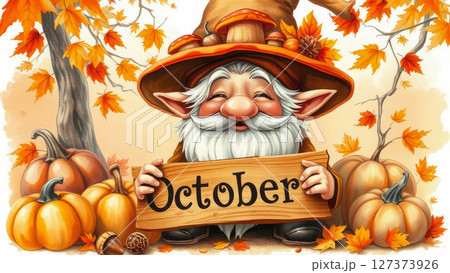 Charming fantasy-style illustration of a cheerful autumn gnome with a fluffy white beard Charming fantasy-style illustration of a cheerful autumn gnome with a fluffy white beard 127373926