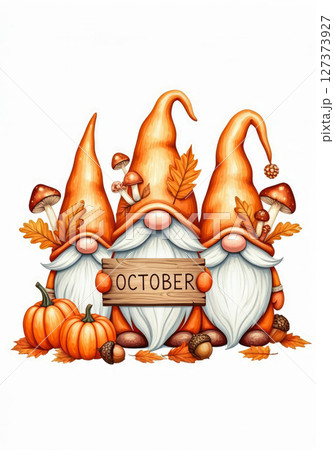 Charming fantasy-style illustration of a cheerful autumn gnome with a fluffy white beard Charming fantasy-style illustration of a cheerful autumn gnome with a fluffy white beard 127373927