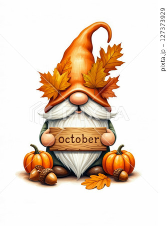 Charming fantasy-style illustration of a cheerful autumn gnome with a fluffy white beard Charming fantasy-style illustration of a cheerful autumn gnome with a fluffy white beard 127373929