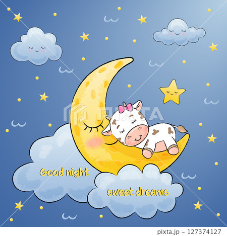 children's card good night. cute cow sleeps on the moon with clouds children's card good night. cute cow sleeps on the moon with clouds 127374127