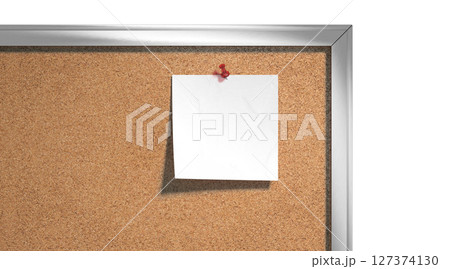 Blank white paper note pinned cork-board mockup, depth of field 127374130