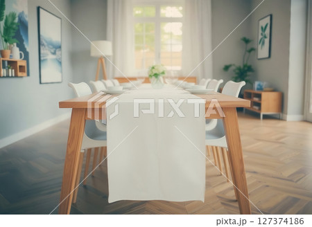 Blank white table runner and dishes, ai generated 127374186