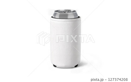 Blank white collapsible koozie with silver can, ai generated 127374208
