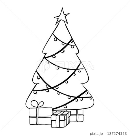 Christmas tree with lights and present boxes black and white composition isolated. Vector graphic line ink illustration. Perfect for cards, decorations, stickers, logo, menu, various designs. 127374358