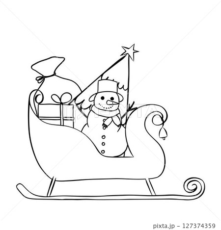 Santa sleigh filled with black and white Christmas gifts, composition isolated. Vector graphic line ink illustration. For poster, invitation, backdrop, ad, sale promotion, print for t-shirt 127374359