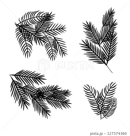 Christmas tree branches black and white set composition isolated. Vector graphic line ink illustration. for Christmas decor For poster, flyer, banner, invitation, social media, party or sale 127374360