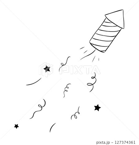 4th of July firework cracker rocket black and white composition isolated. Vector graphic line ink illustration. Silhouette sign for logo, print, comics, fashion, pop art, boards, design, stickers 127374361