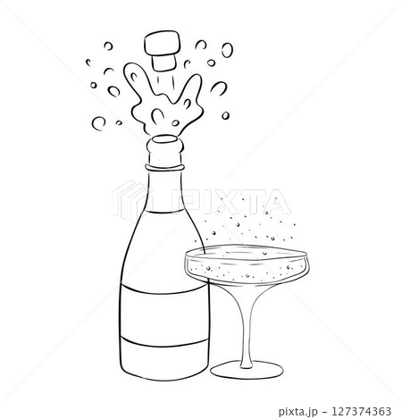 Champagne bottle with glass black and white composition isolated. Vector graphic line ink illustration. pop open with cork and drinking glass simple Design for package, cosmetic, textile, cards. 127374363