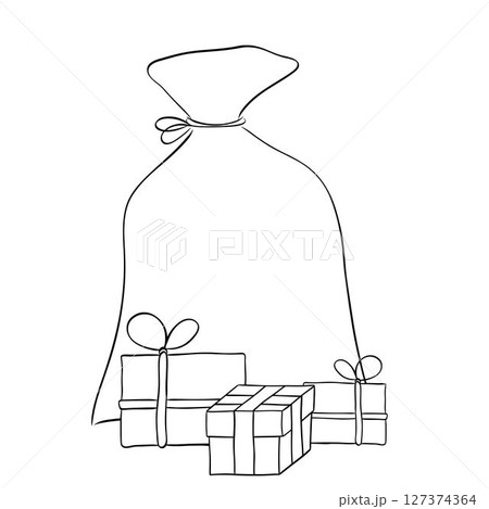 Santa Claus black and white bag with presents composition isolated. Vector graphic line ink illustration. For poster, flyer, banner, invitation, social media, party or sale 127374364