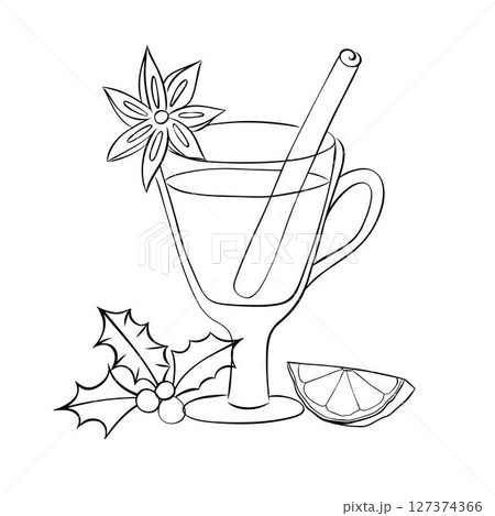 Mulled wine black and white composition isolated. Vector graphic line ink illustration. Silhouette sign for logo, print, comics, fashion, pop art, boards, design, stickers, decoration, posters 127374366
