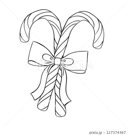 Striped lollipop candy stick black and white composition isolated. Vector graphic line ink illustration. happy new year and chistmas concept texture for bedsheets, pajamas, wrapping papers. 127374367