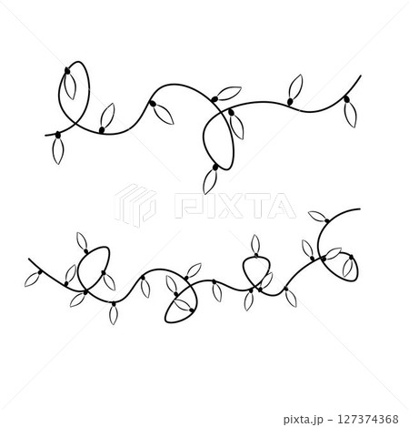 Garland of Christmas lights black and white composition isolated. Vector graphic line ink illustration. For poster, invitation, backdrop, ad, sale promotion, print for t-shirt 127374368