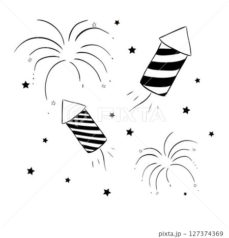 Fireworks rocket composition black and white isolated. Vector graphic line ink illustration. Silhouette sign for logo, print, comics, fashion, pop art, boards, design, stickers, decoration, posters 127374369