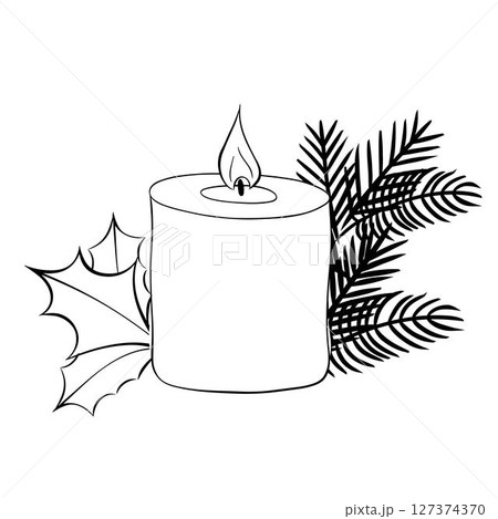 Candle surrounded by pine branches black and white for festive decoration composition isolated. Vector graphic line ink illustration. Design for package, cosmetic, textile, cards. 127374370