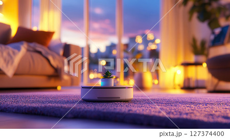 Evening scene in a smart apartment, robotic assistant waters plants and adjusts lighting for relaxation, resident reclines with tablet in minimalist interior 127374400