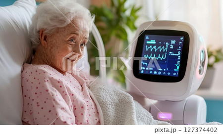 Elderly Caucasian woman in hospital bed as humanoid robot adjusts blanket, touchscreen shows vitals, emphasizing compassionate AI patient care Elderly Caucasian woman in hospital bed as humanoid robot adjusts blanket, touchscreen shows vitals, emphasizing compassionate AI patient care 127374402