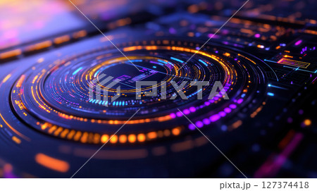 Cutting-edge futuristic control center with autonomous AI models and circular interface displaying real-time metrics in dimly lit environment 127374418