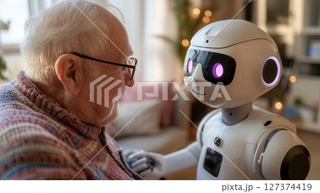 Compassionate humanoid robot assisting elderly Caucasian man in a modern apartment setting with warm lighting and attention to detail 127374419