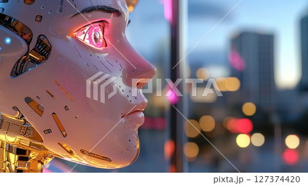 Humanoid robot with East Asian features reflects on urban integration and artificial introspection in a futuristic city, evening light highlights synthetic skin and eyes 127374420