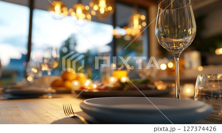 Family dines in minimalist space while robotic assistant loads dishwasher, warm scene with Caucasian adults, pendant lights, and elegant tableware 127374426