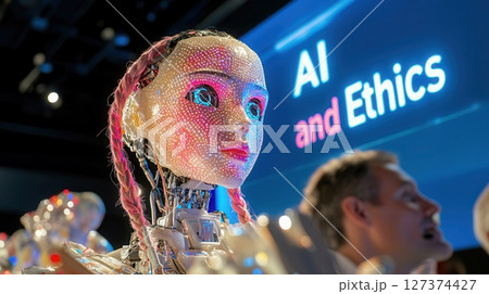Ultra-realistic female humanoid robot with realistic skin and braided hair engaging with human professionals in panel on AI and ethics 127374427