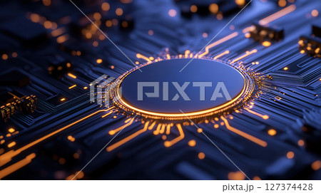 Glowing circuit lines radiate from AI icon in glass disk on black background, symbolizing centralized automation with immersive, sharp, ultra-realistic design 127374428