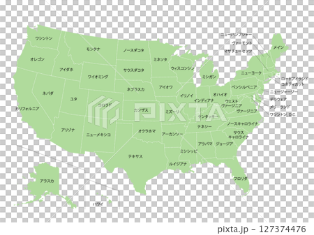 【日本語】アメリカの行政区分付きの地図（行政区分の線付き） 127374476