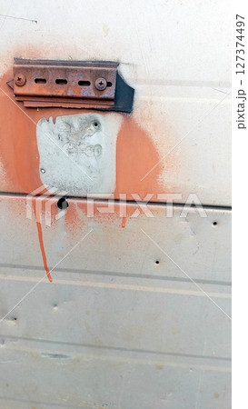 Old Wall Panel Mount With Paint Stains and Distressed Texture Showcasing Age and Wear Old Wall Panel Mount With Paint Stains and Distressed Texture Showcasing Age and Wear 127374497