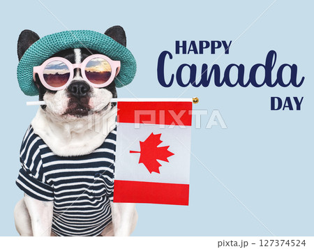 Happy Canada Day. Cute puppy and Canadian Flag. 127374524
